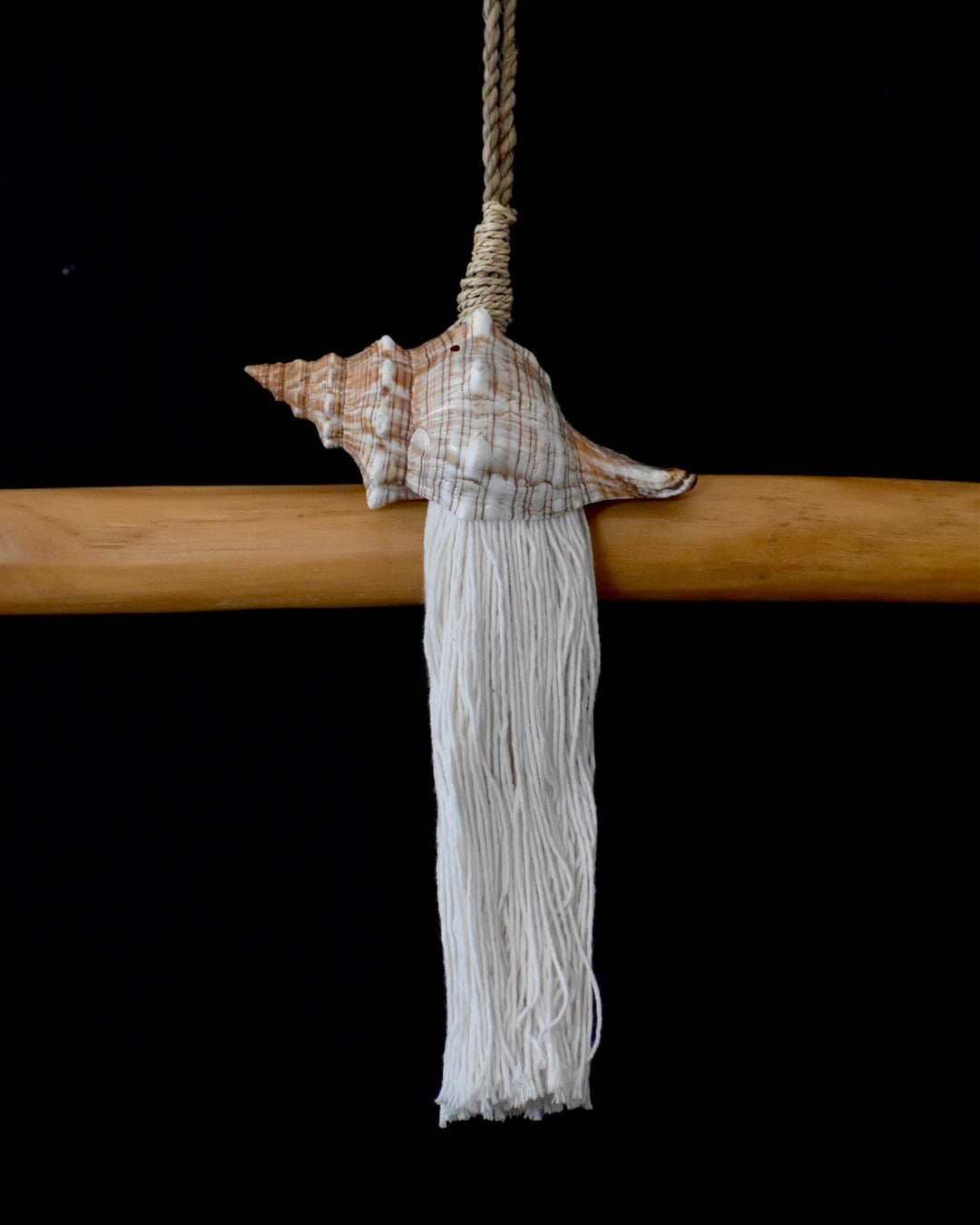 Decorative item with a shell, rope, and wooden stick on a black background