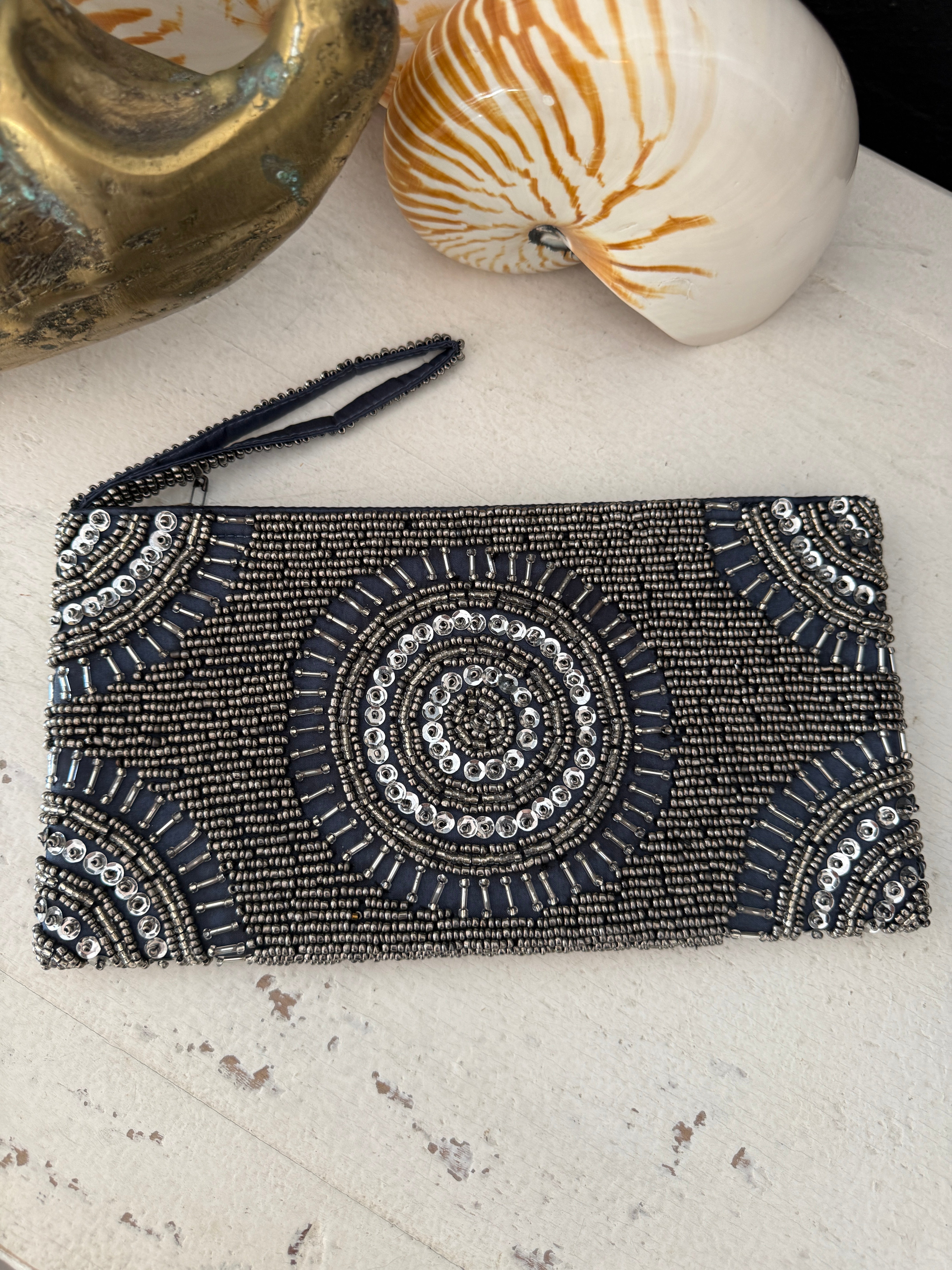 Soleil Zip Beaded Clutch Silver