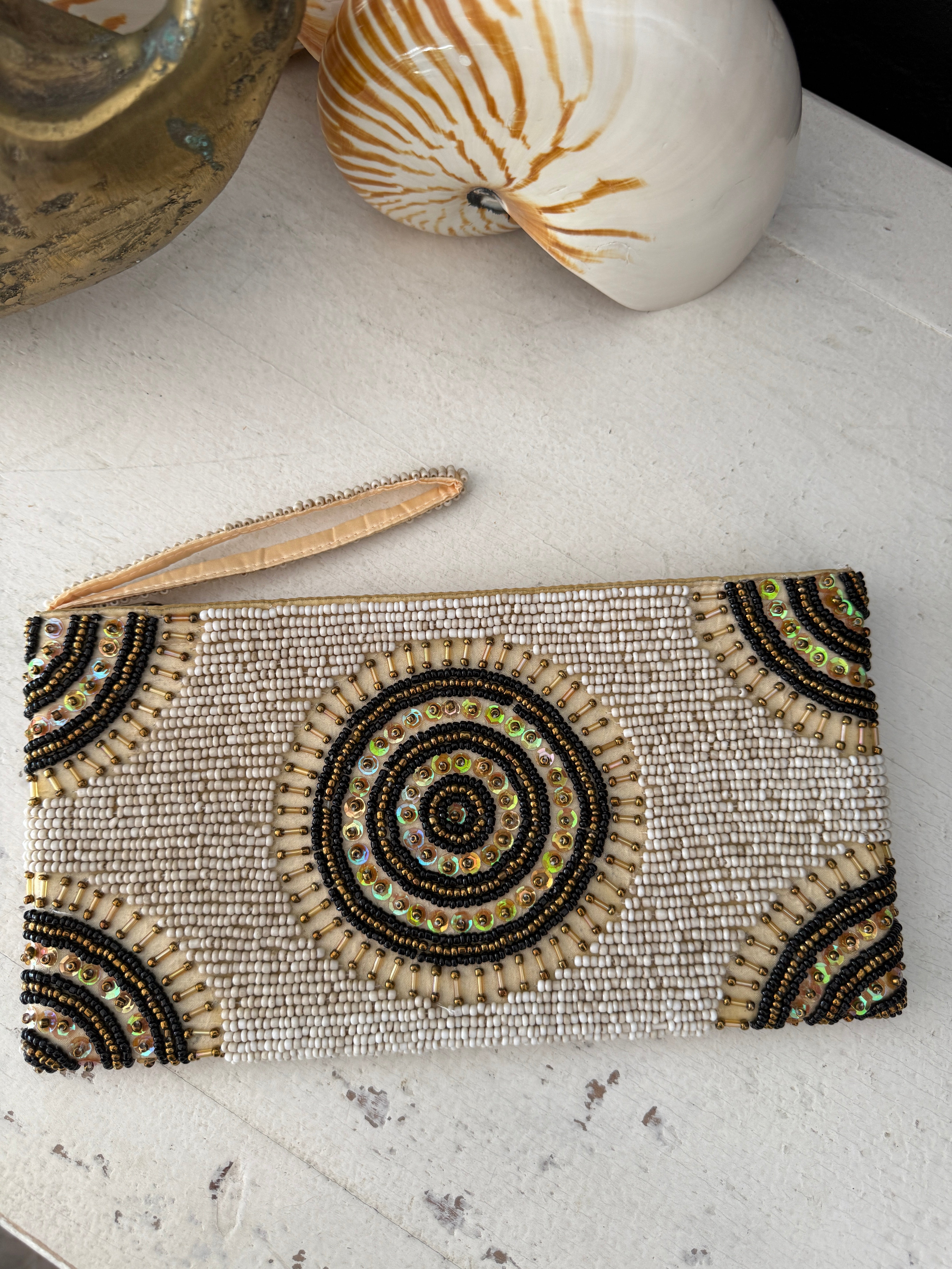Soleil Zip Beaded Clutch Cream