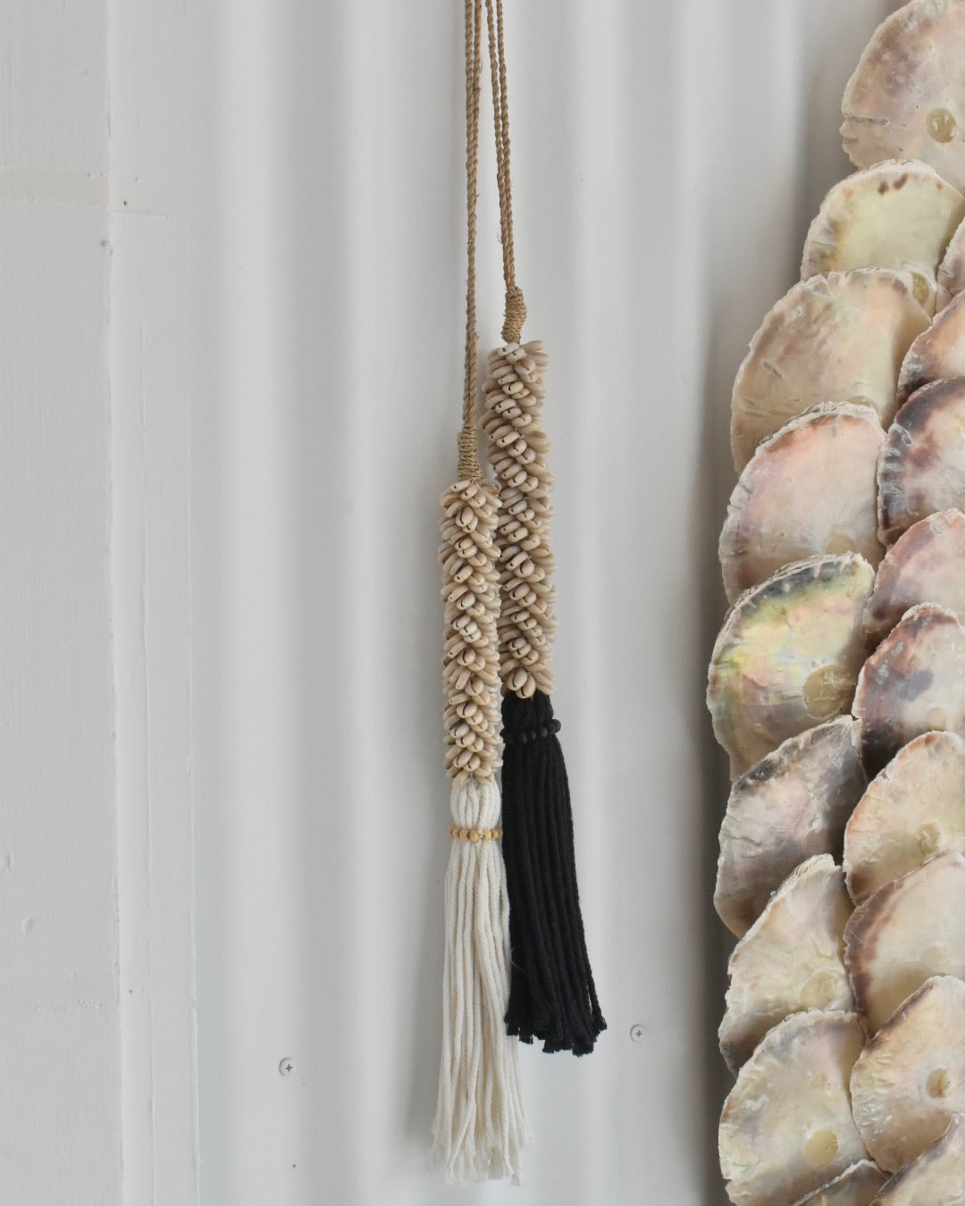 Decorative wall art with shells and braided rope on a white background