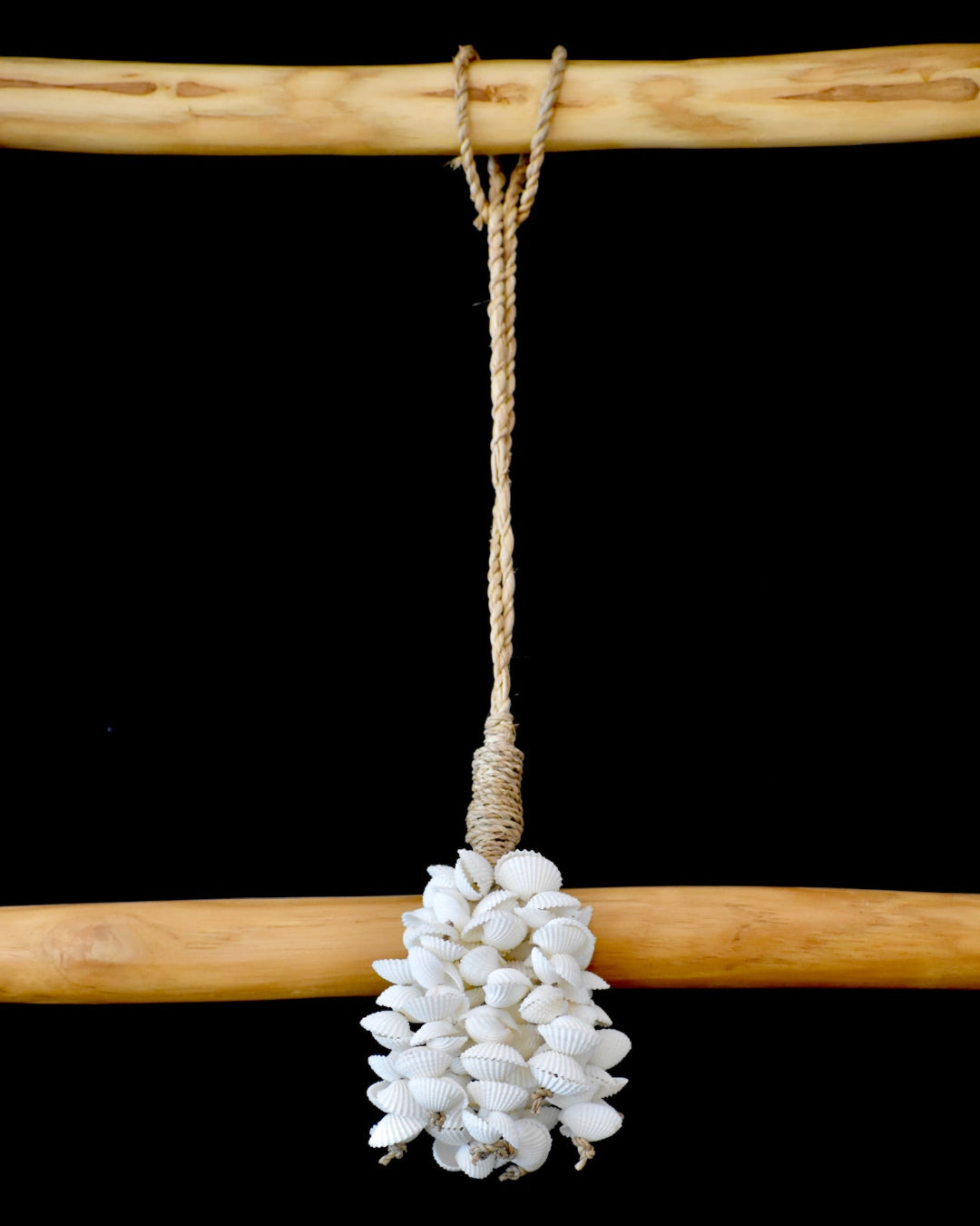 Decorative shell ornament hanging from a rope against a black background