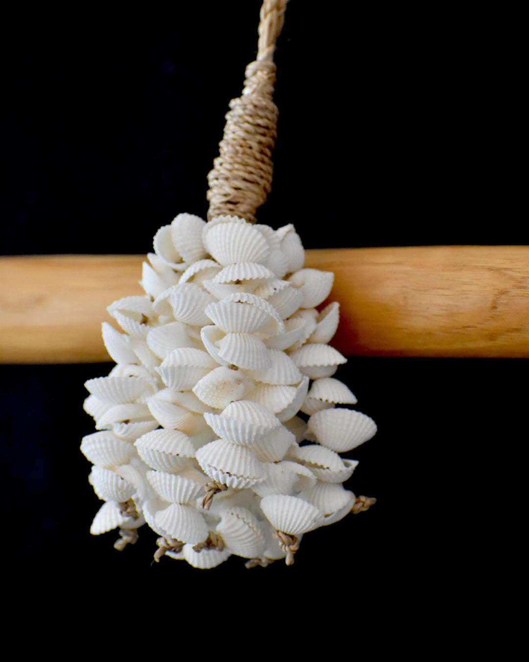 Decorative shell ornament hanging from a rope on a black background