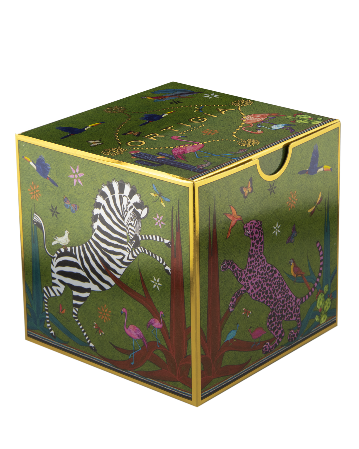 A decorative storage box with a green background and colorful illustrated safari animals, including a zebra, leopard, birds, and flowers, with gold-toned edging and a hinged top handle.
