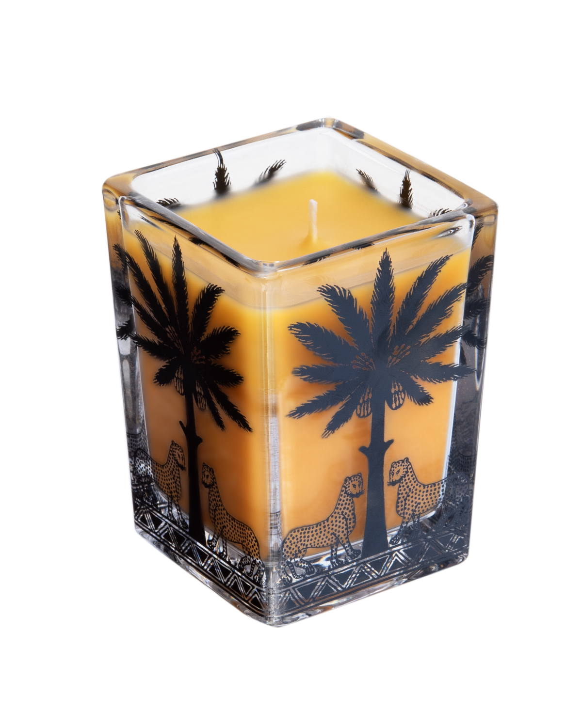 A square glass jar candle filled with yellow wax, decorated with black palm tree silhouettes and cheetah illustrations, shown on a plain white background.