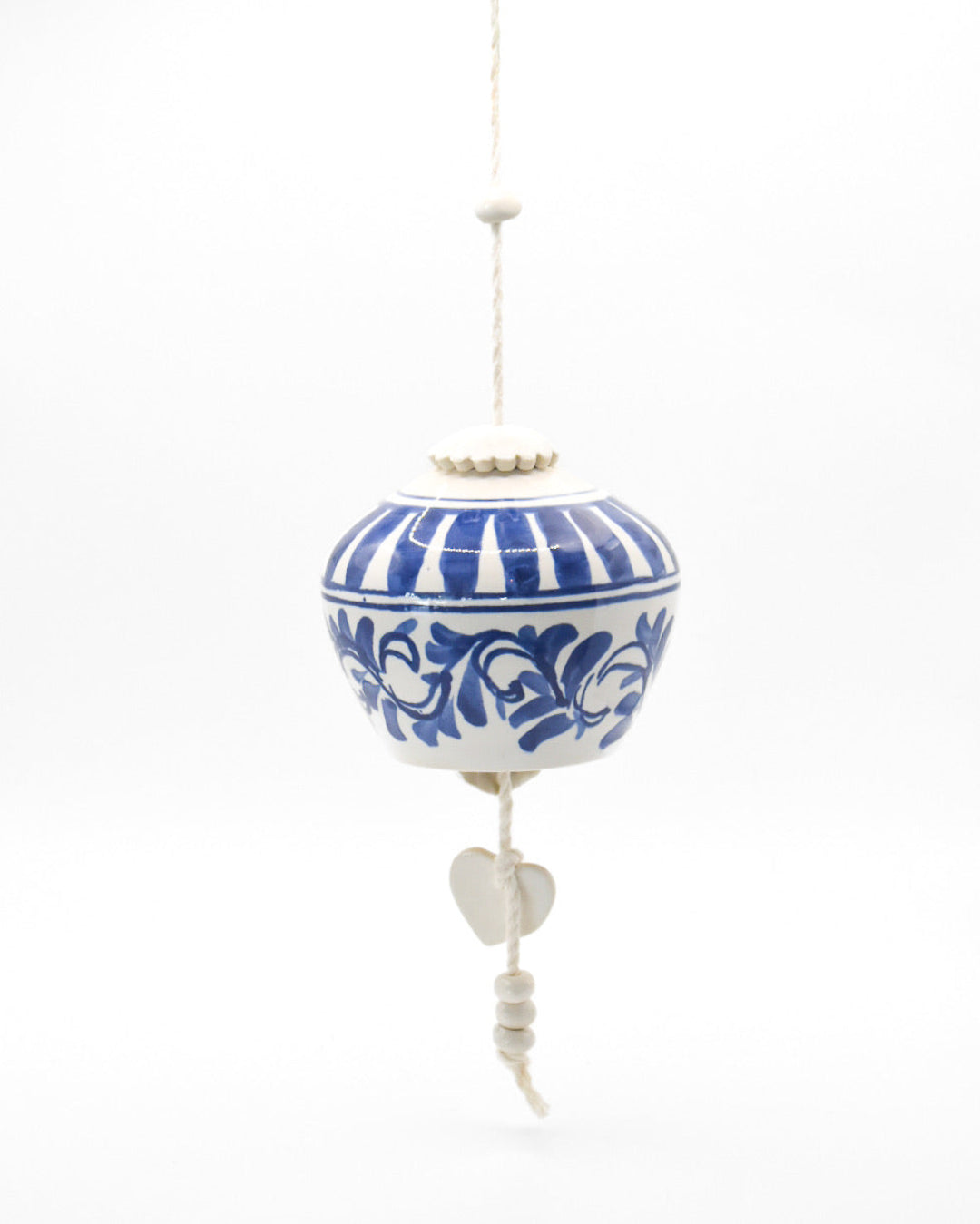 blue and white ceramic bell wind chime