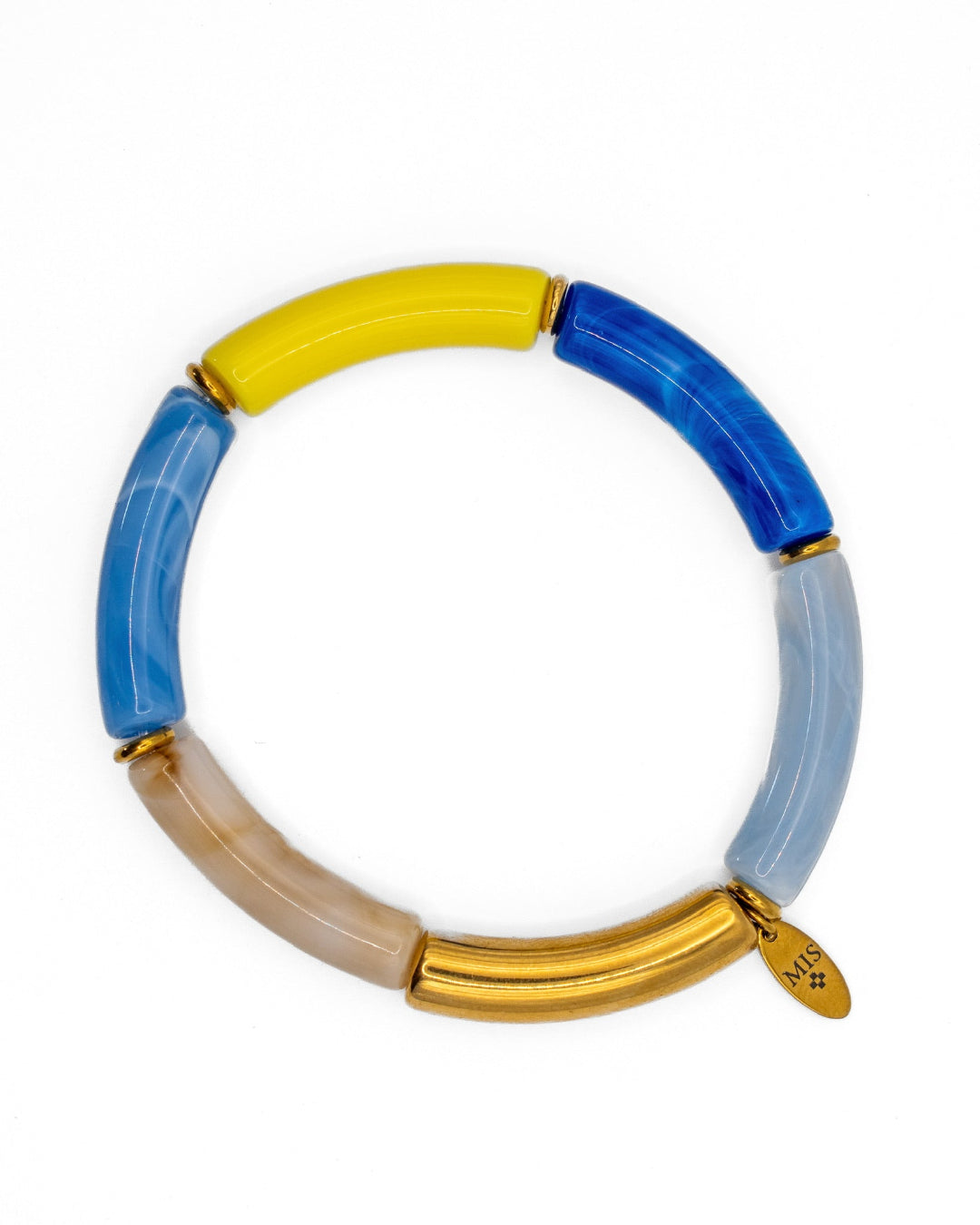 Multicolored bracelet with blue, yellow, beige, and gold segments on a white background