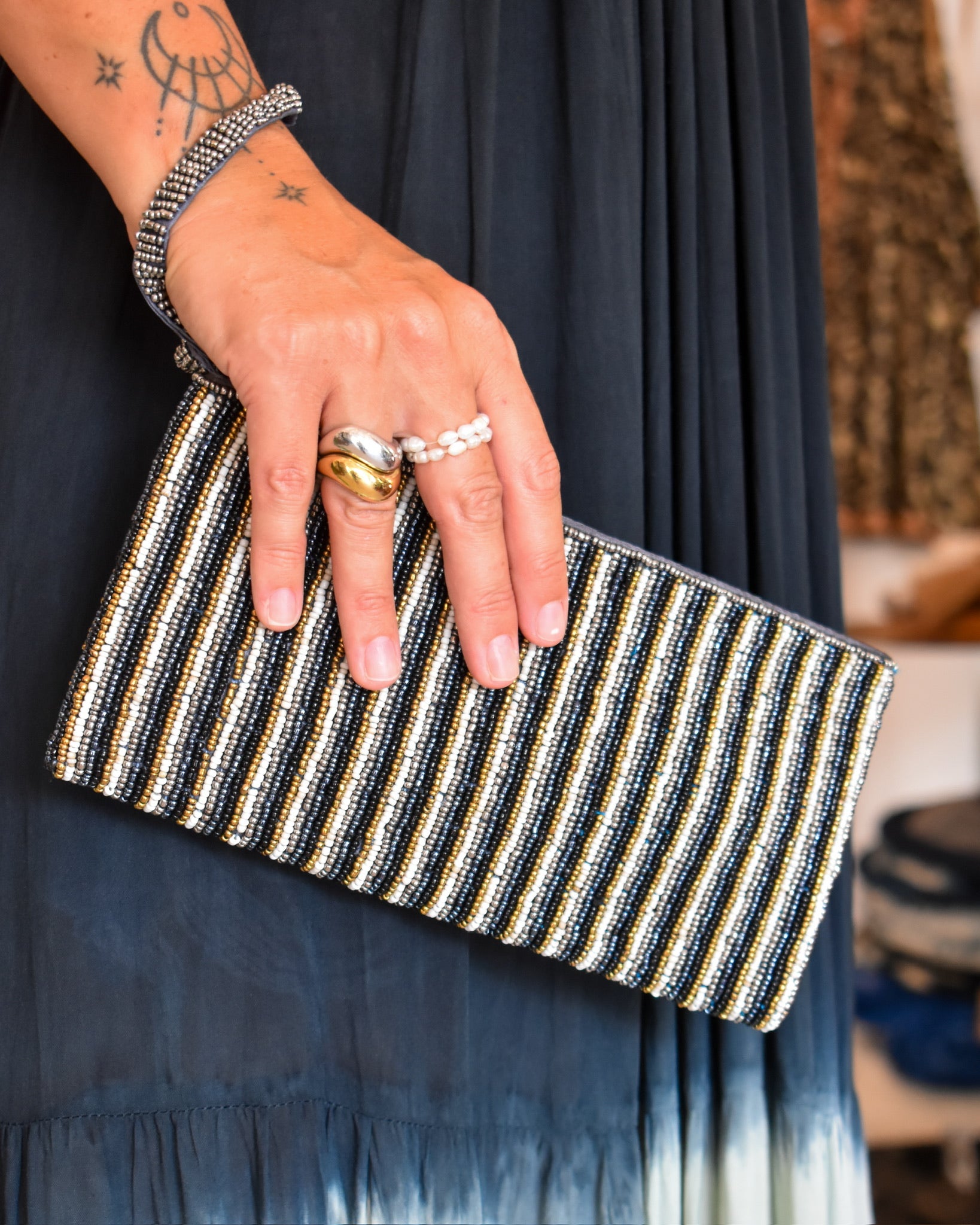Bamboo Stripe Beaded Clutch Black