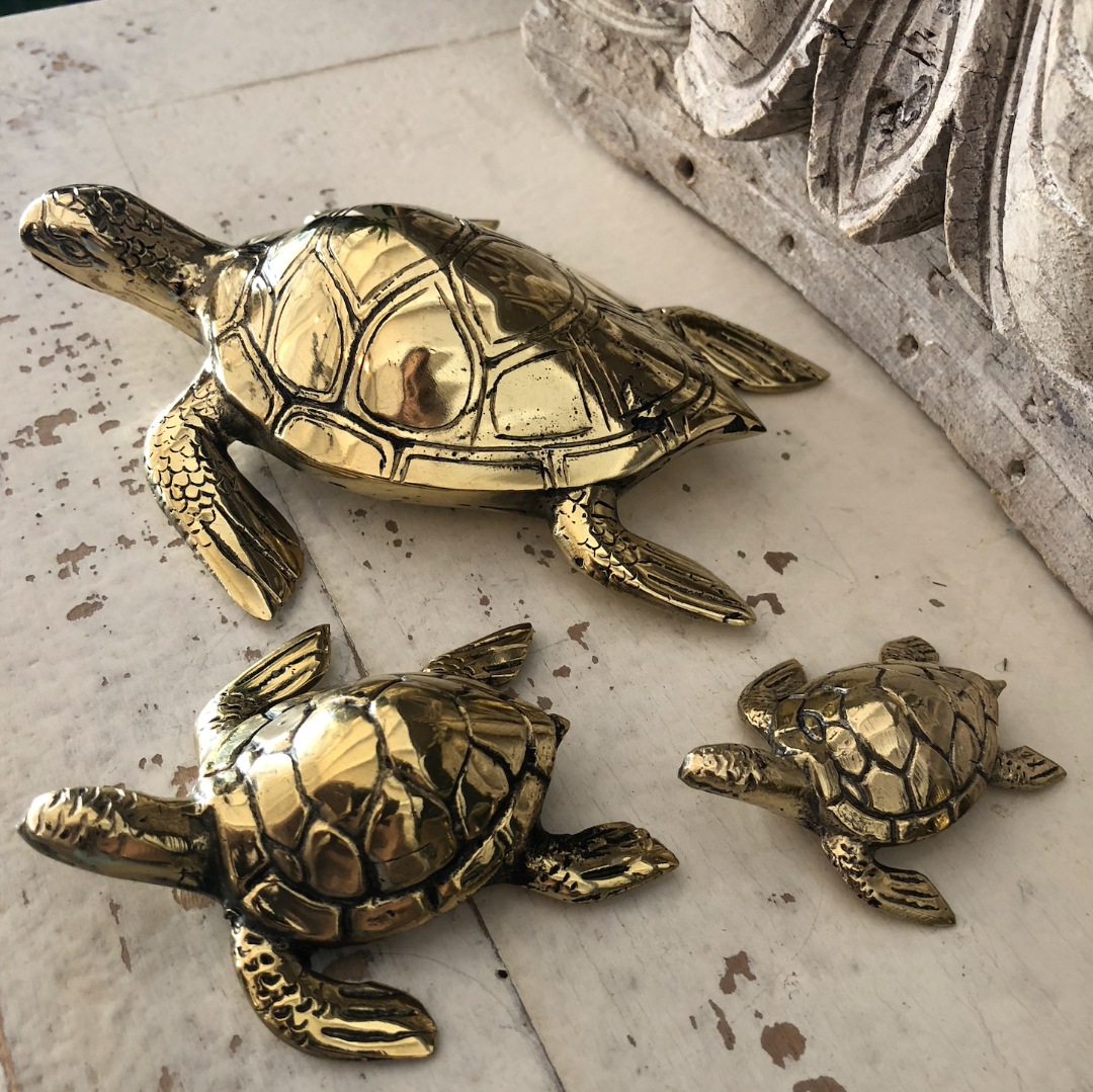 Three brass turtle figurines on a textured surface