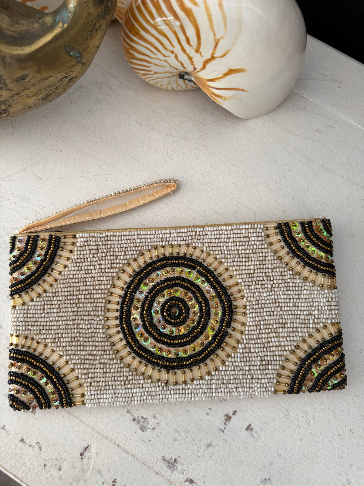 Soleil Zip Beaded Clutch Cream