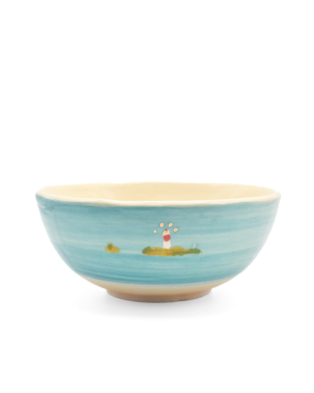 Blue ceramic bowl with a small illustration on a white background