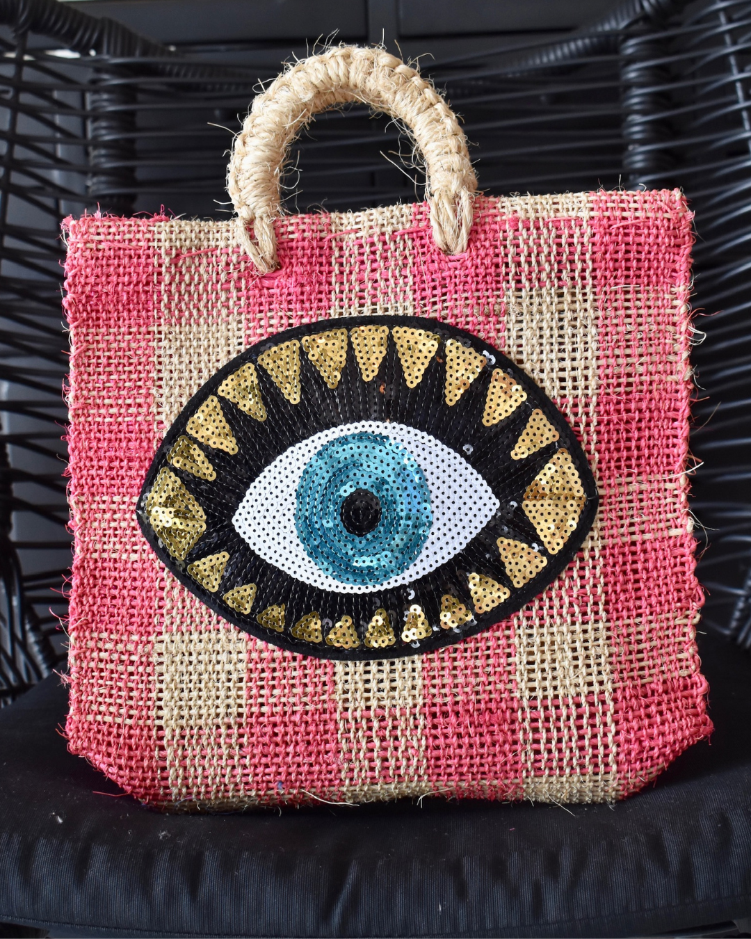 Mexican Heshian Tote | Tear Drop Eye | Pink & Natural Check | Orange & Natural Check + Blue & Natural Check