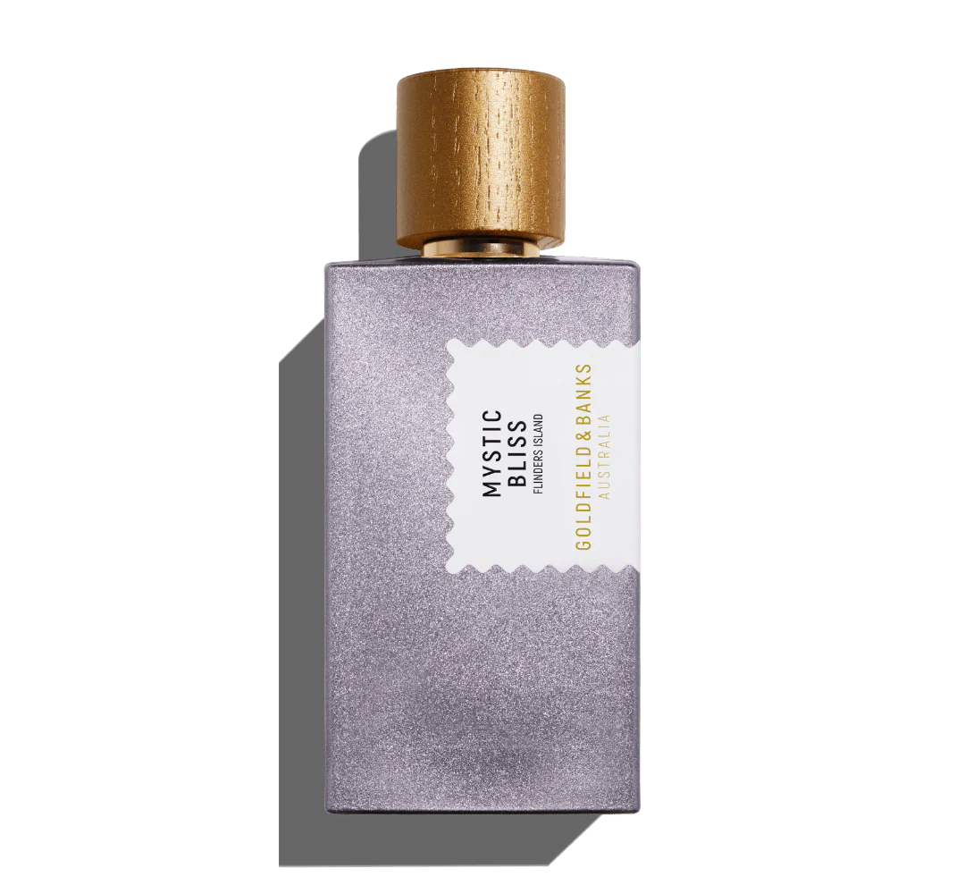 Perfume bottle labeled 'Mystic Bliss' by Goldfields Banks on a white background