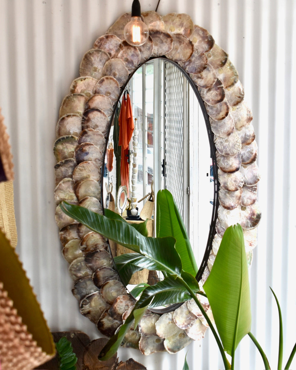Decorative mirror with shell frame on a white wall