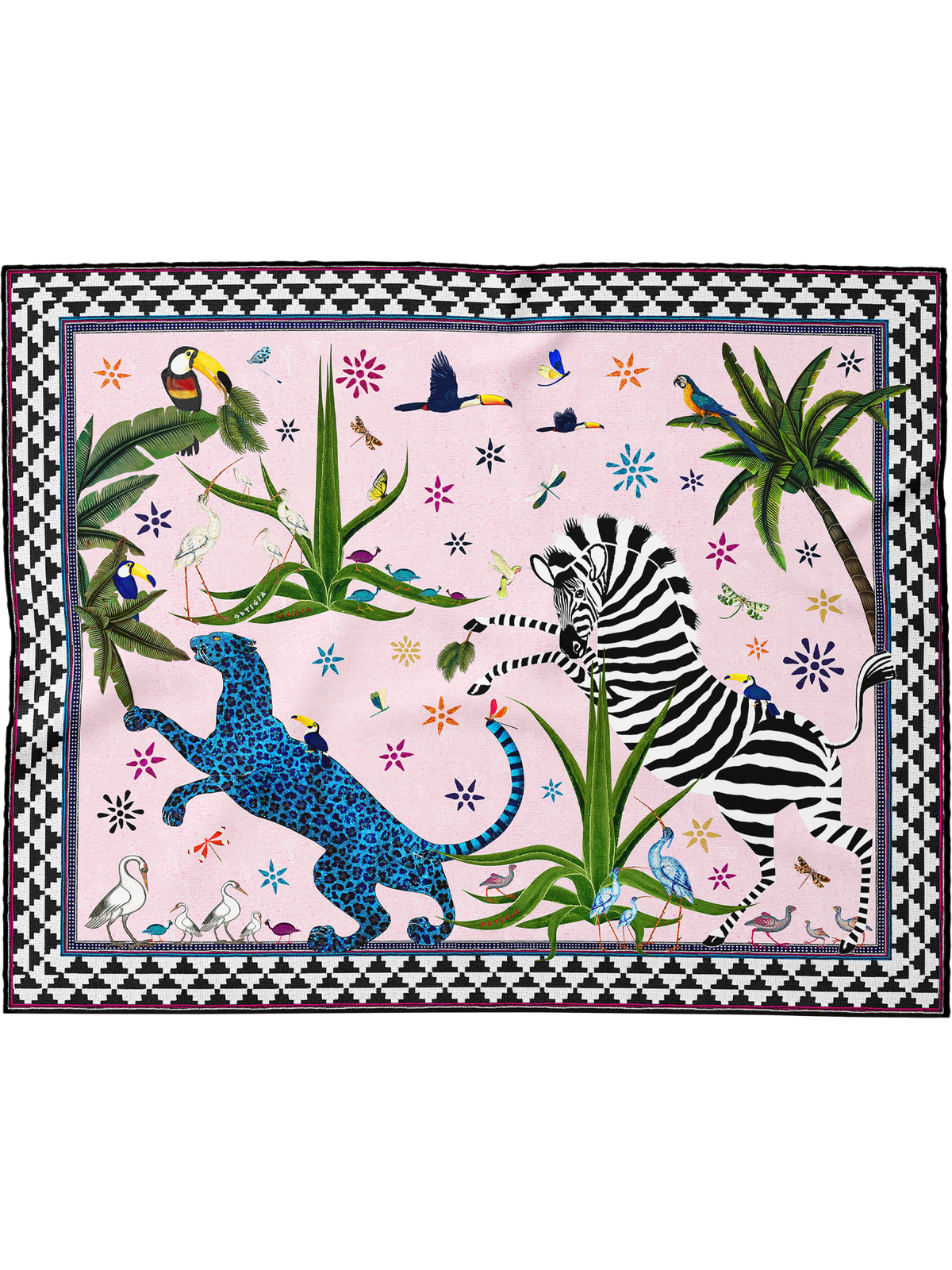 A square silk scarf featuring a vibrant safari illustration on a light pink background, complete with a black and white checkered border. The design includes a blue leopard, a black and white zebra, toucans, parrots, flamingos, and tropical plants.