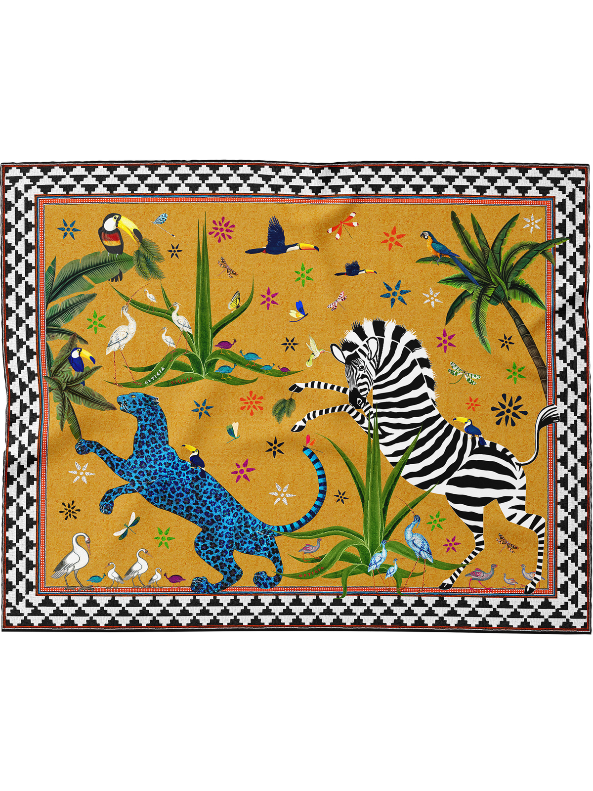 Preaowith leopards, zebra, and birds on a yellow background