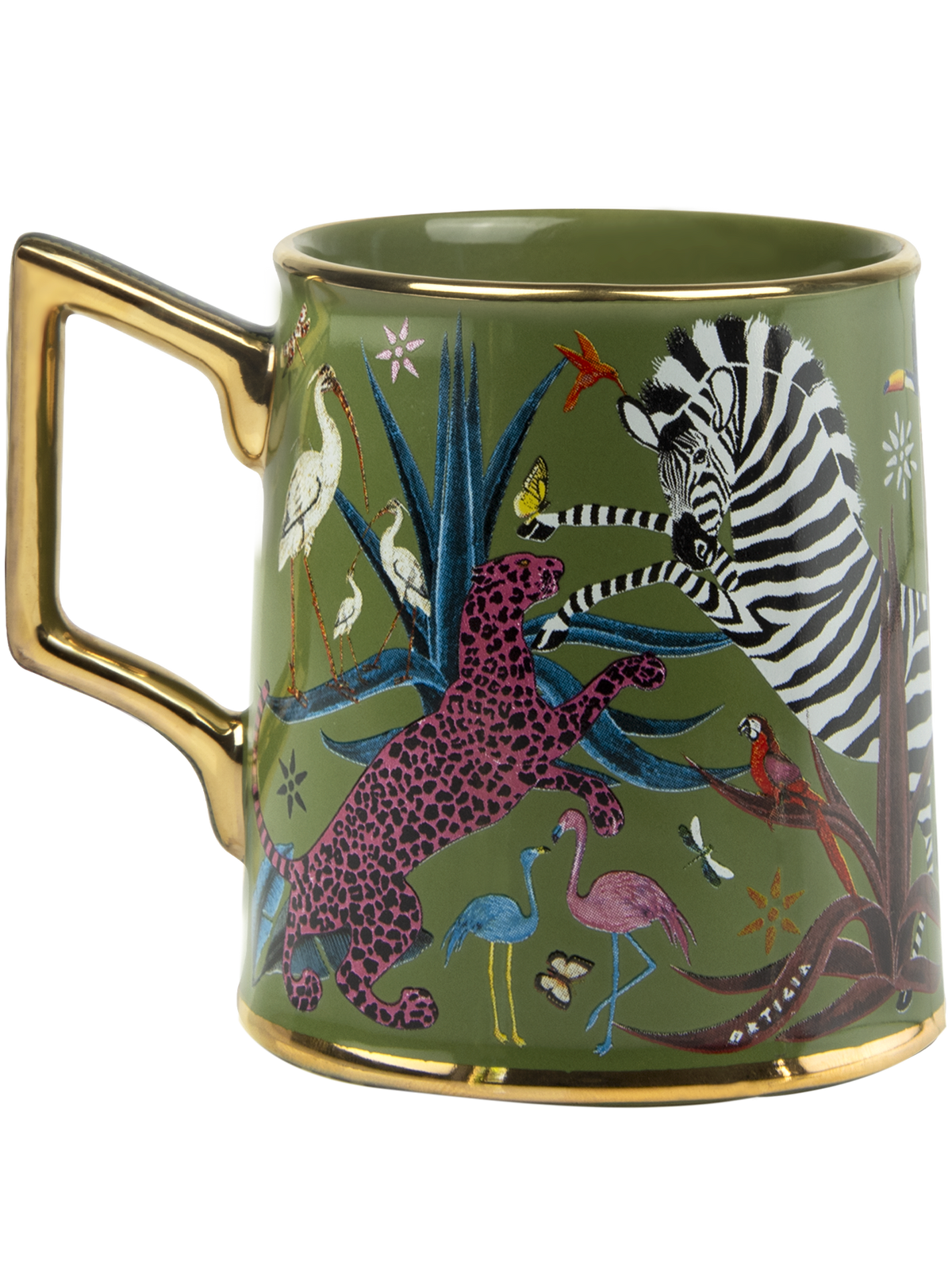 An olive green ceramic mug with a gold handle and base, decorated with a vibrant safari illustration featuring a zebra, leopard, flamingos, and birds.