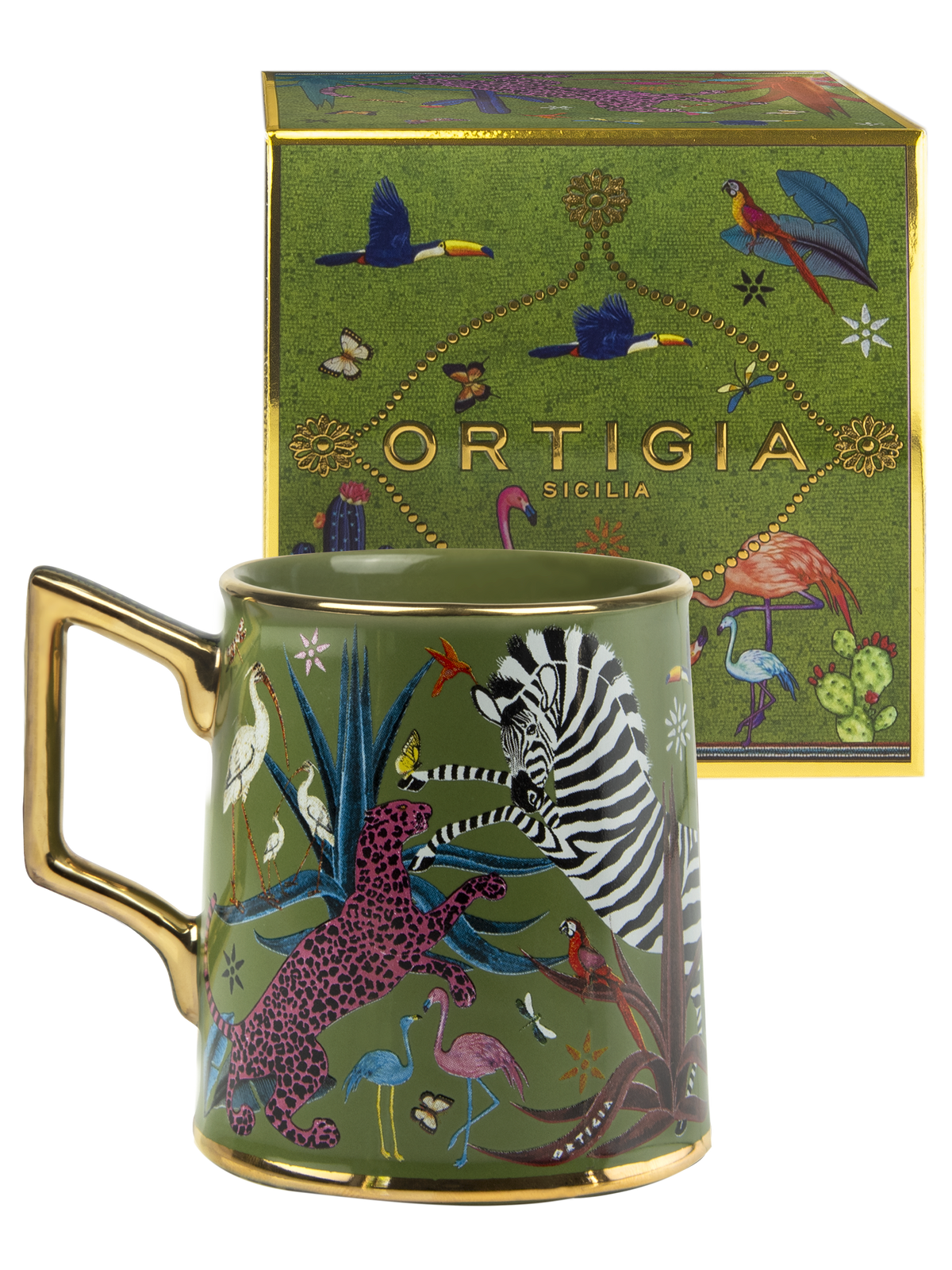 An Ortigia Sicily ceramic mug with a gold handle and base, decorated with a colorful safari illustration of a zebra, leopard, flamingos, and birds, shown in front of its matching green and gold illustrated gift box.