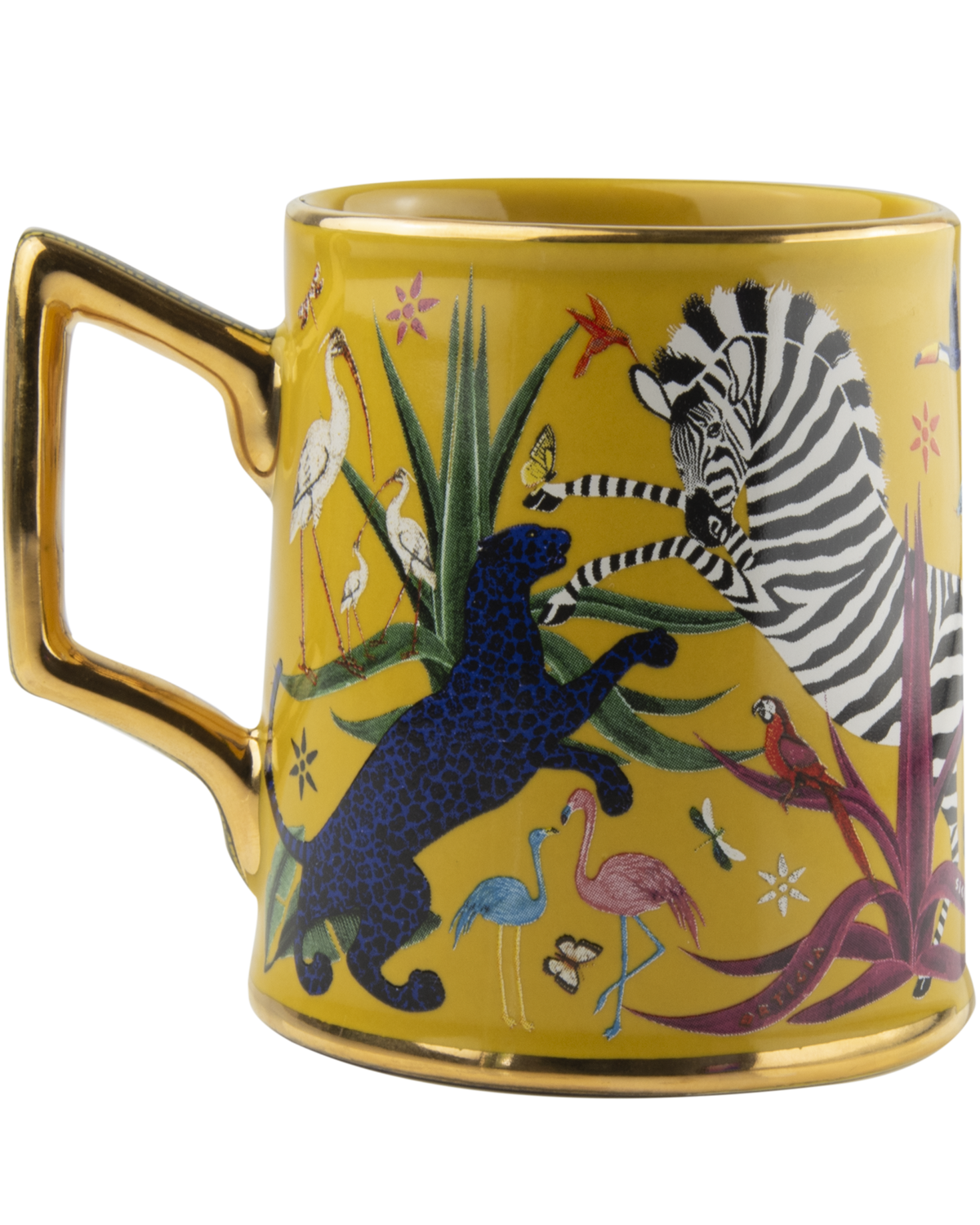 A yellow ceramic mug with a gold handle and rim, decorated with a vibrant safari illustration featuring a zebra, leopard, flamingos, and birds on a white background.