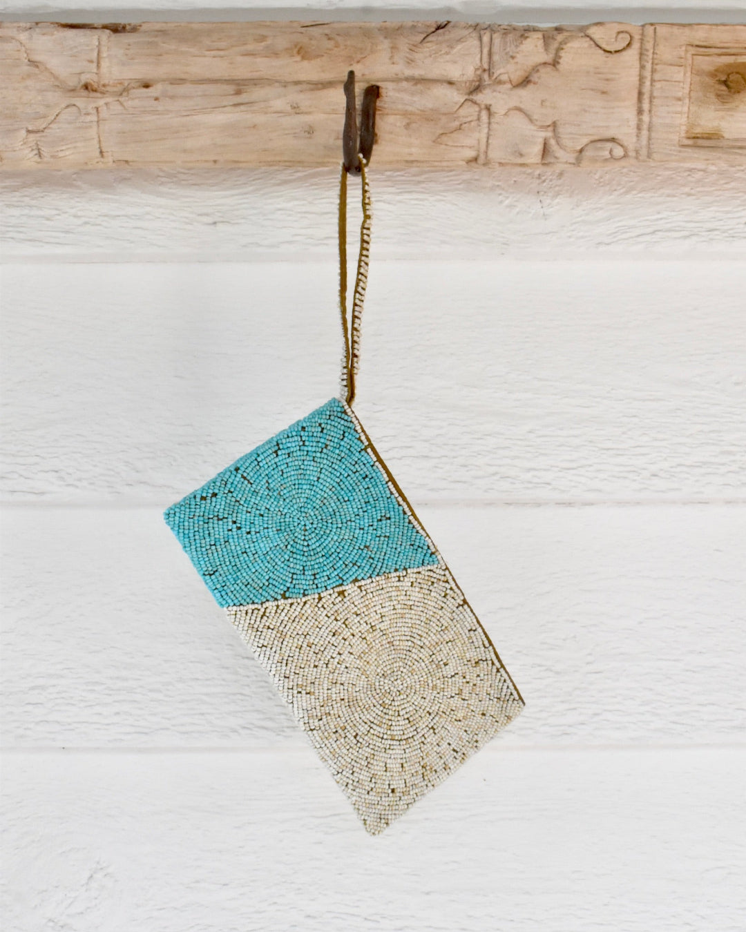 Turquoise & Cream beaded clutch 