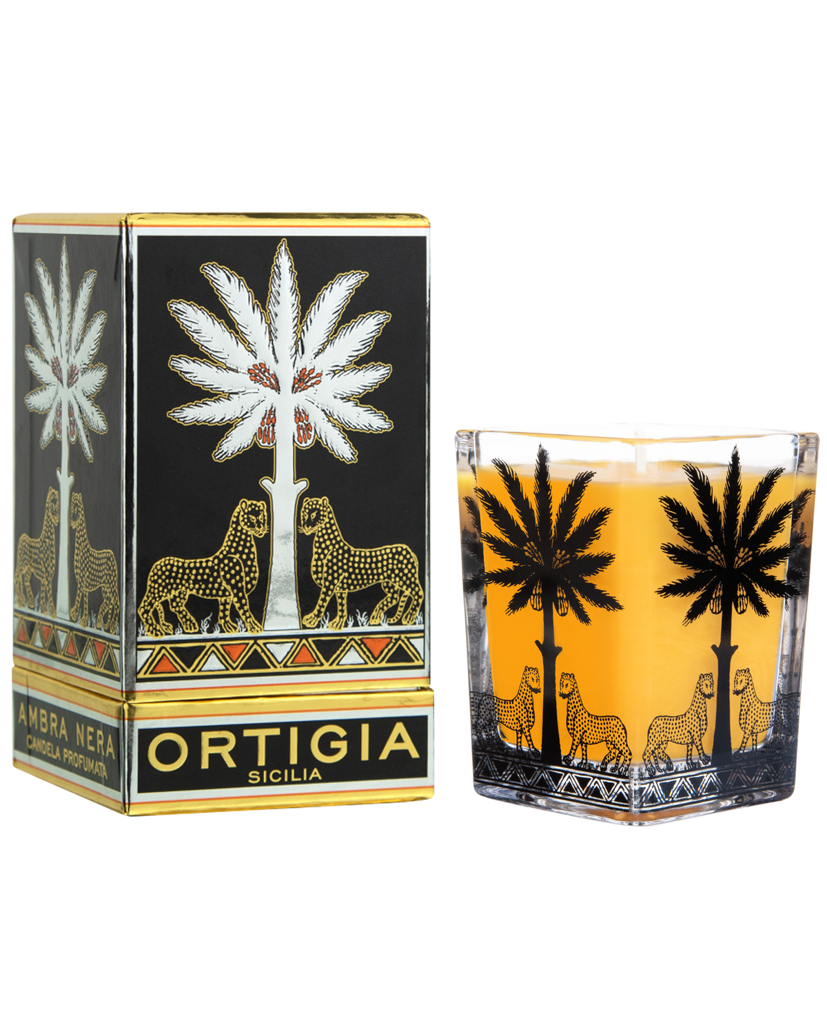 Ortigia Sicilia candle with decorative packaging featuring palm trees and leopards.