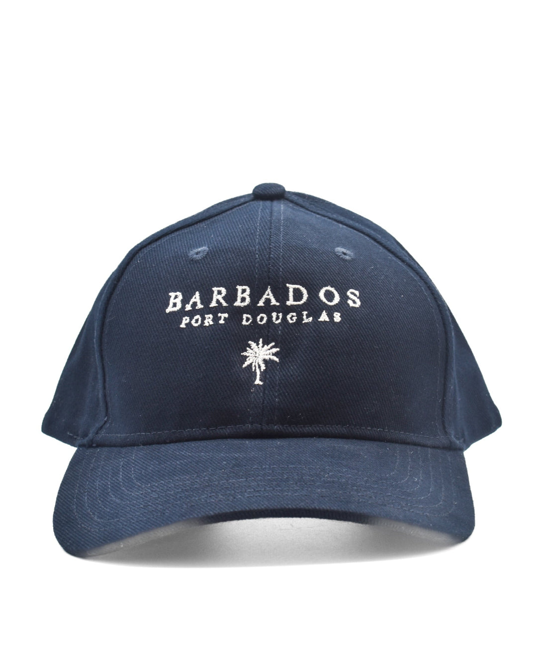 Navy blue cap with 'Barbados Port Douglas' text and palm tree logo on a white background