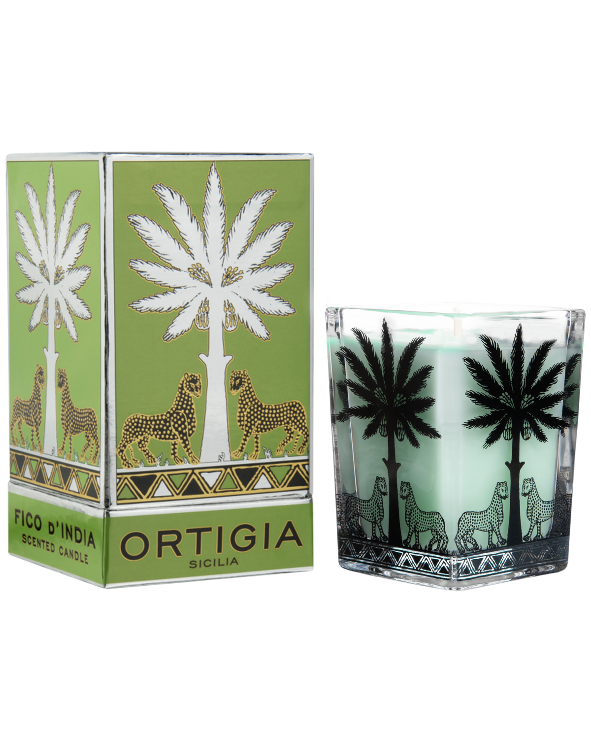 An Ortigia Sicily 'Fico D'India' scented candle shown with its green and gold packaging box and the clear glass candle holder containing a pale mint green wax, both decorated with palm tree and cheetah motifs.