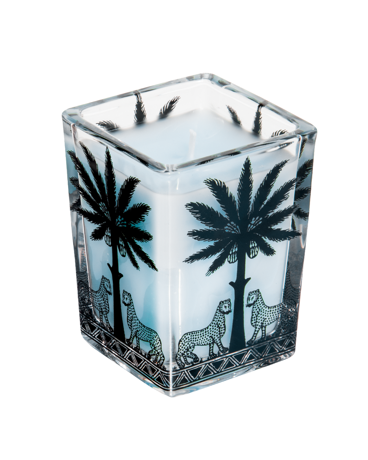 A square glass candle holder with a white wax candle, decorated with black palm tree silhouettes and black-and-white leopard illustrations on the sides.