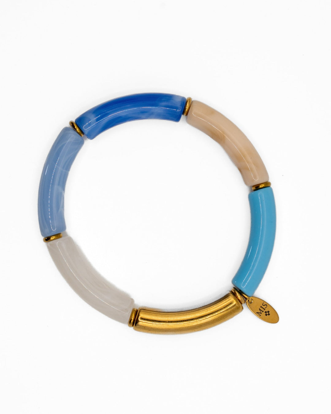 Multicolored bracelet with blue, beige, and gold segments on a white background