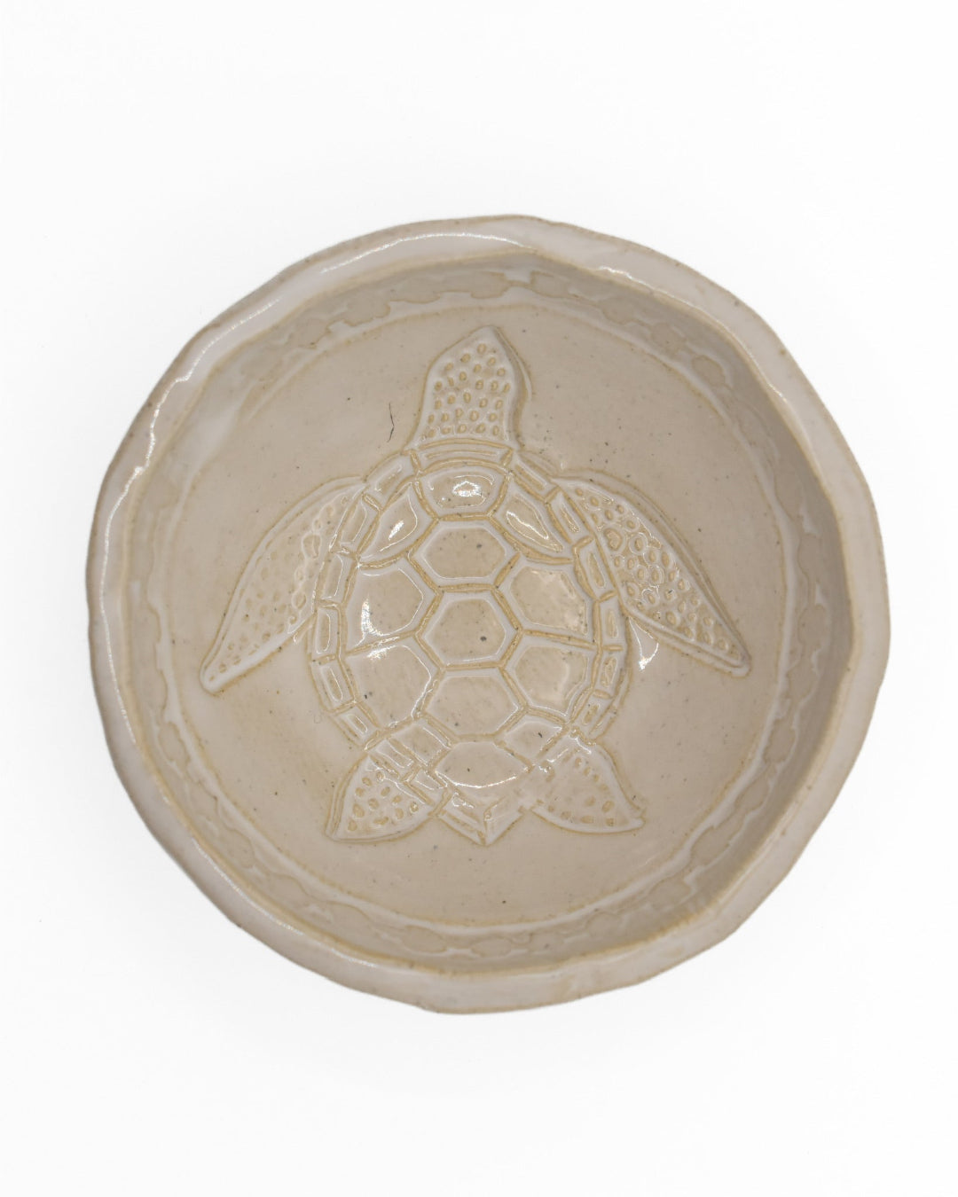 Ceramic plate with a turtle design on a white background